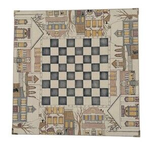Chess and Checkers Game Board Folk Art Style Illustration of Town Square 15 x 15
